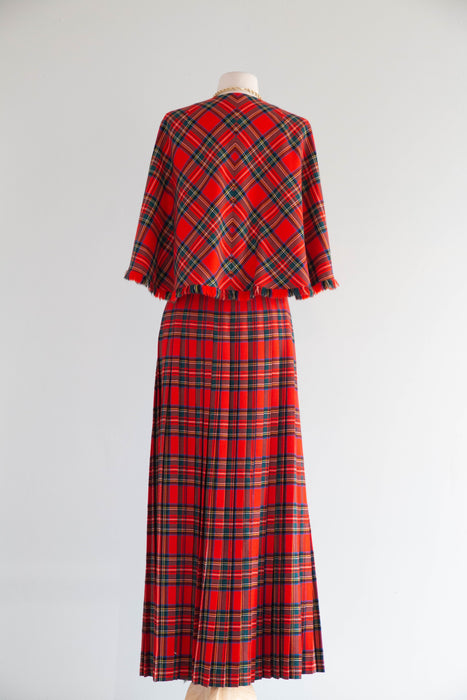 Fabulous 1970's Wool Tartan Plaid "Holiday Hostess With The Mostess" Two Piece Set / M