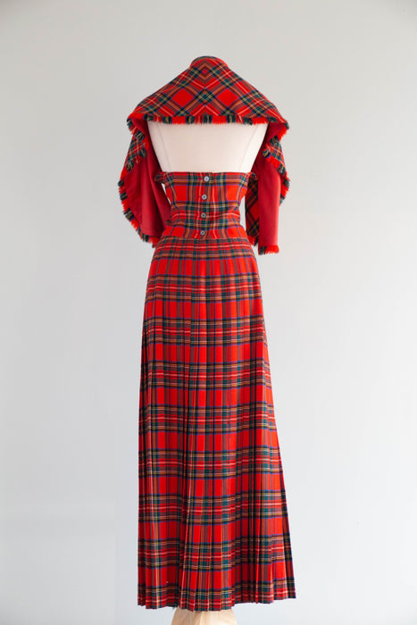 Fabulous 1970's Wool Tartan Plaid "Holiday Hostess With The Mostess" Two Piece Set / M