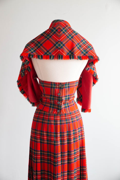 Fabulous 1970's Wool Tartan Plaid "Holiday Hostess With The Mostess" Two Piece Set / M