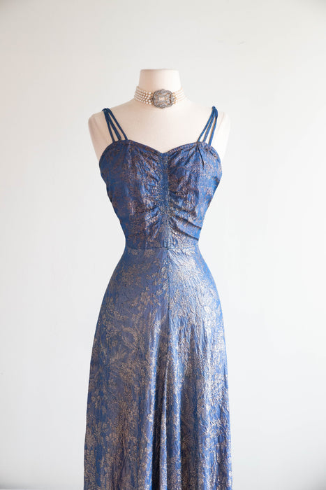 Rare 1930s Shimmering Silver Lamé Evening Gown in Lapis Blue / S