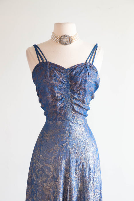 Rare 1930s Shimmering Silver Lamé Evening Gown in Lapis Blue / S