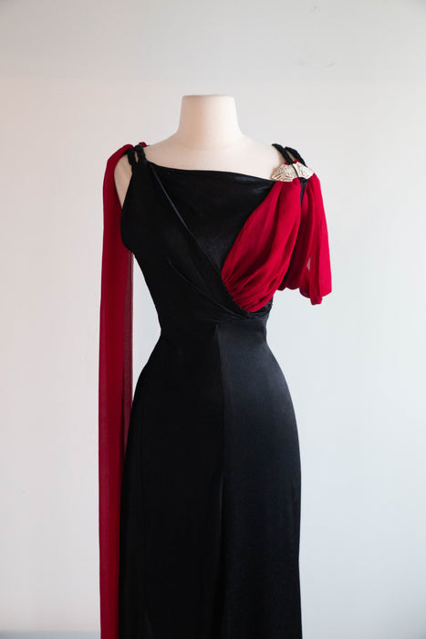 Rare 1930's Femme Fatale Liquid Black Satin Crepe Evening Gown With Crimson Sash / S