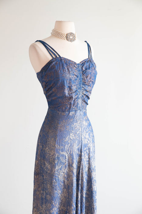 Rare 1930s Shimmering Silver Lamé Evening Gown in Lapis Blue / S