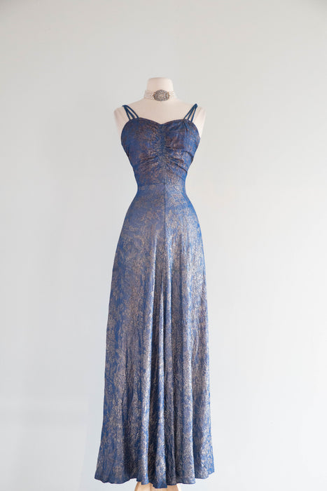 Rare 1930s Shimmering Silver Lamé Evening Gown in Lapis Blue / S