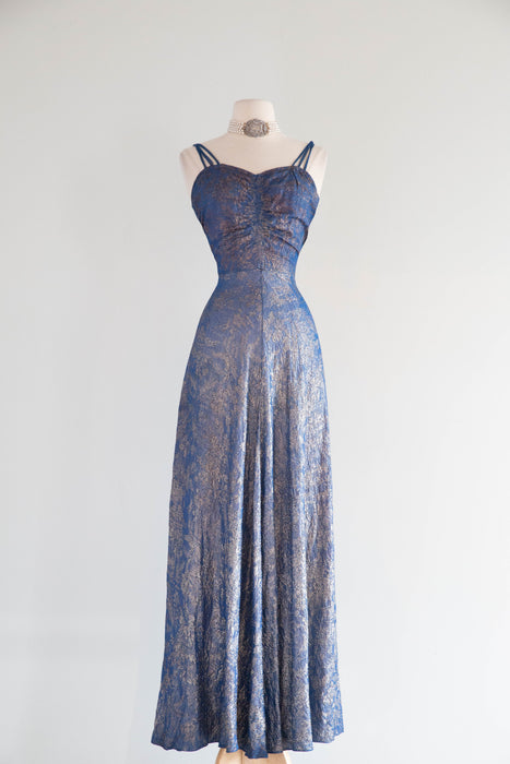 Rare 1930s Shimmering Silver Lamé Evening Gown in Lapis Blue / S