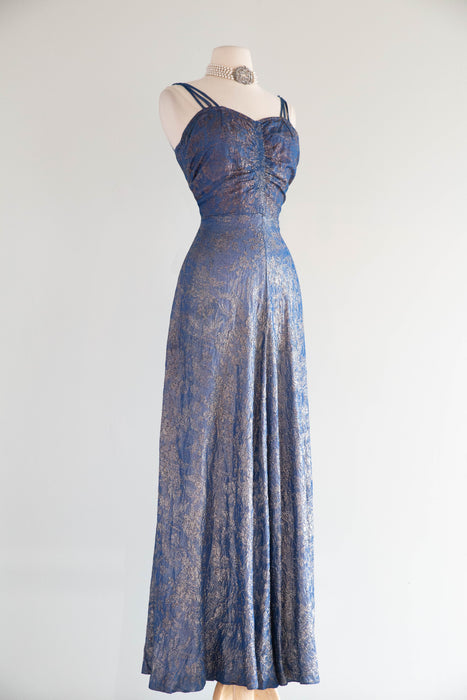 Rare 1930s Shimmering Silver Lamé Evening Gown in Lapis Blue / S