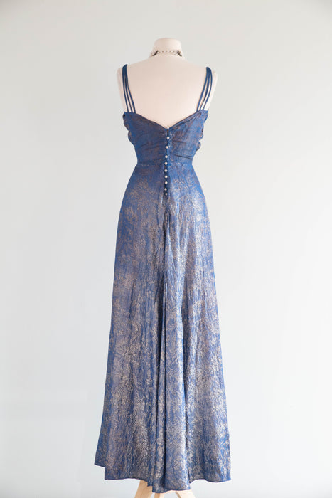Rare 1930s Shimmering Silver Lamé Evening Gown in Lapis Blue / S