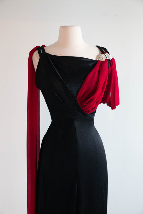 Rare 1930's Femme Fatale Liquid Black Satin Crepe Evening Gown With Crimson Sash / S