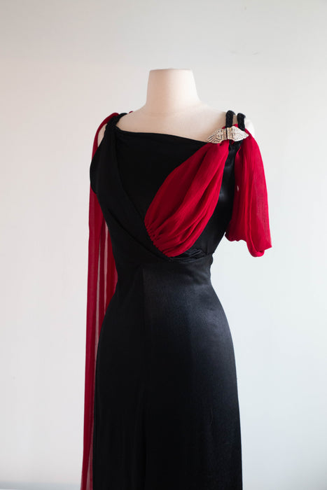 Rare 1930's Femme Fatale Liquid Black Satin Crepe Evening Gown With Crimson Sash / S