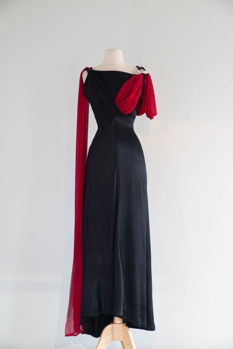 Rare 1930's Femme Fatale Liquid Black Satin Crepe Evening Gown With Crimson Sash / S