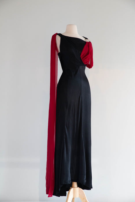 Rare 1930's Femme Fatale Liquid Black Satin Crepe Evening Gown With Crimson Sash / S