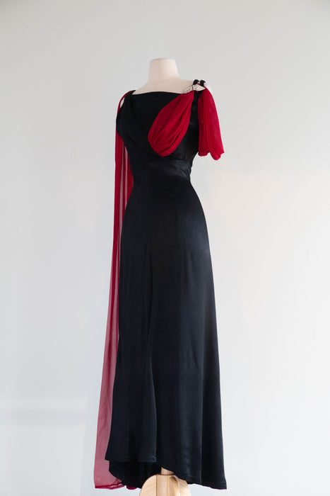 Rare 1930's Femme Fatale Liquid Black Satin Crepe Evening Gown With Crimson Sash / S