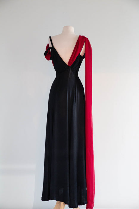 Rare 1930's Femme Fatale Liquid Black Satin Crepe Evening Gown With Crimson Sash / S