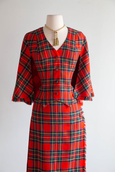 Fabulous 1970's Wool Tartan Plaid "Holiday Hostess With The Mostess" Two Piece Set / M