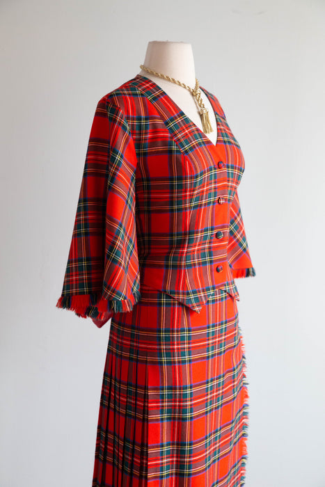 Fabulous 1970's Wool Tartan Plaid "Holiday Hostess With The Mostess" Two Piece Set / M