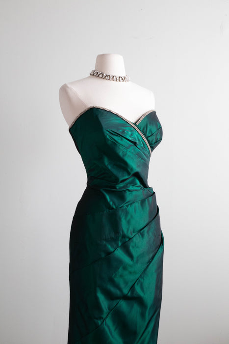 Stunning 1980's Iridescent Emerald Hourglass Evening Gown / M