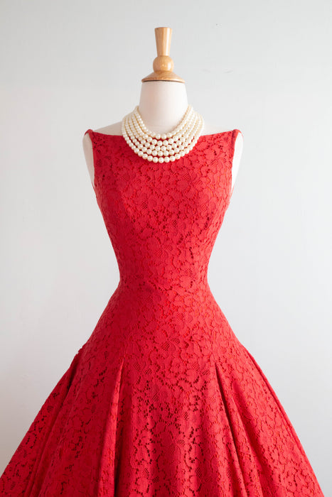 Spectacular 1950's Cherry Red Lace Party Dress With Ultra Full Skirt / XS