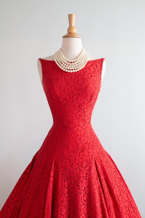 Spectacular 1950's Cherry Red Lace Party Dress With Ultra Full Skirt / XS