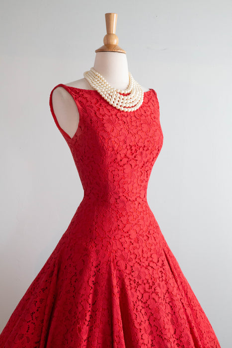 Spectacular 1950's Cherry Red Lace Party Dress With Ultra Full Skirt / XS