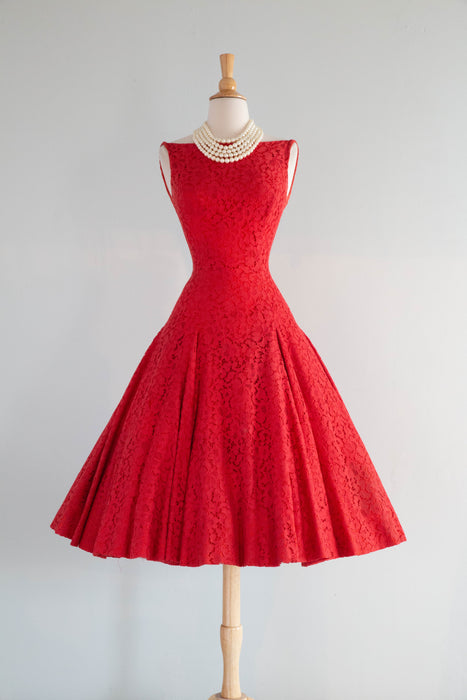 Spectacular 1950's Cherry Red Lace Party Dress With Ultra Full Skirt / XS