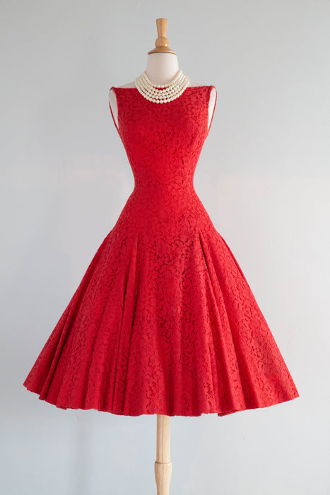 Spectacular 1950's Cherry Red Lace Party Dress With Ultra Full Skirt / XS