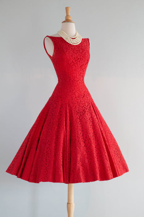 Spectacular 1950's Cherry Red Lace Party Dress With Ultra Full Skirt / XS