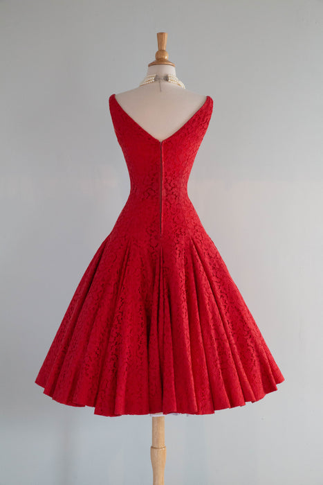 Spectacular 1950's Cherry Red Lace Party Dress With Ultra Full Skirt / XS