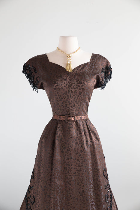 Elegant Early 1950's Adele Simpson Chocolate Brocade Beaded Evening Dress / SM