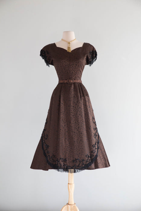 Elegant Early 1950's Adele Simpson Chocolate Brocade Beaded Evening Dress / SM