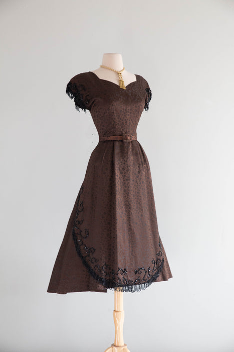 Elegant Early 1950's Adele Simpson Chocolate Brocade Beaded Evening Dress / SM