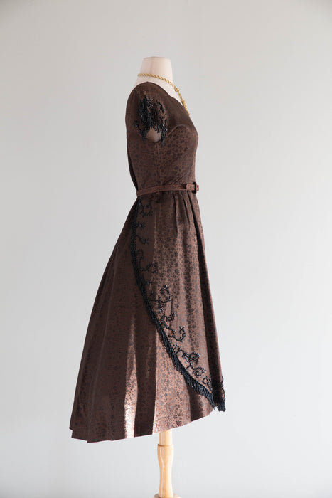 Elegant Early 1950's Adele Simpson Chocolate Brocade Beaded Evening Dress / SM