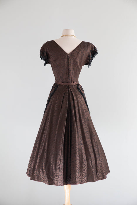 Elegant Early 1950's Adele Simpson Chocolate Brocade Beaded Evening Dress / SM