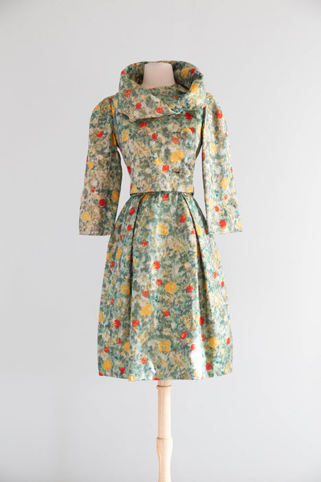 Exquisite Late 1950's Silk Brocade Cocktail Dress & Matching Jacket / SM