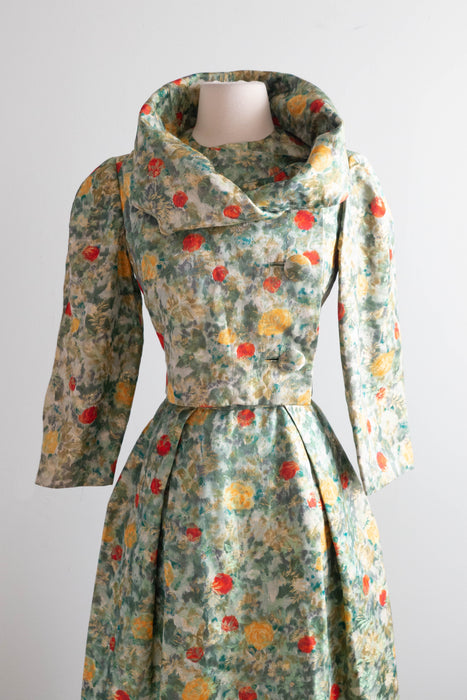 Exquisite Late 1950's Silk Brocade Cocktail Dress & Matching Jacket / SM