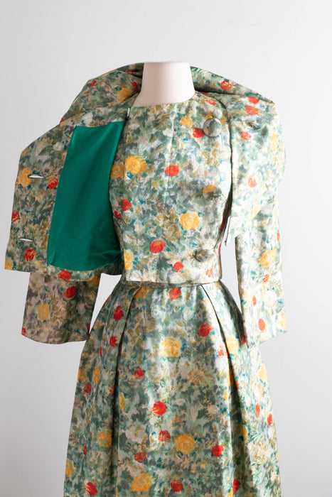 Exquisite Late 1950's Silk Brocade Cocktail Dress & Matching Jacket / SM