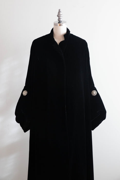 Exquisite 1950's Lilli Ann Black Velvet Swing Coat With Rhinestone Cuffs / ML
