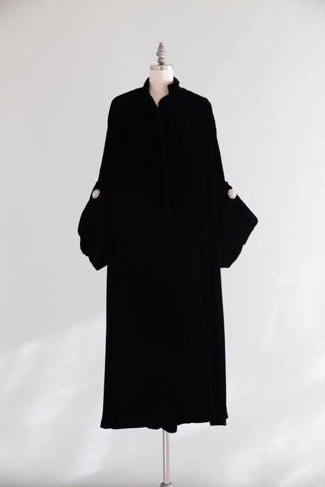 Exquisite 1950's Lilli Ann Black Velvet Swing Coat With Rhinestone Cuffs / ML