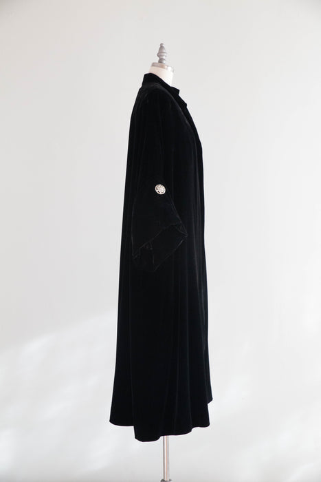 Exquisite 1950's Lilli Ann Black Velvet Swing Coat With Rhinestone Cuffs / ML
