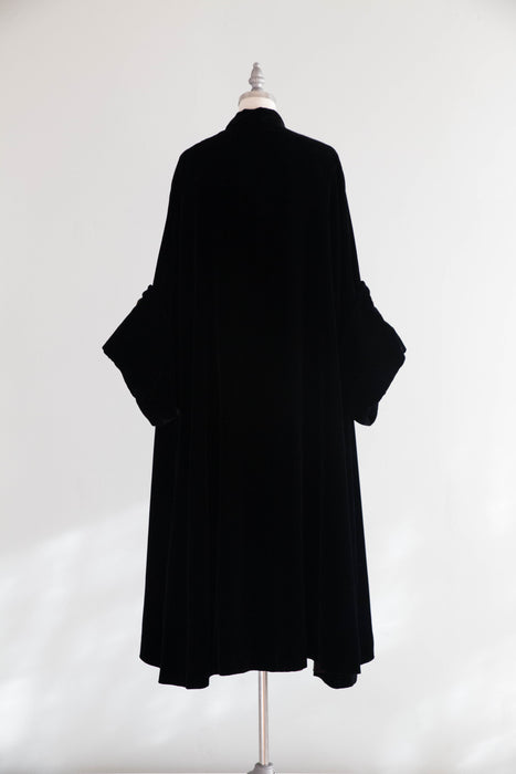 Exquisite 1950's Lilli Ann Black Velvet Swing Coat With Rhinestone Cuffs / ML