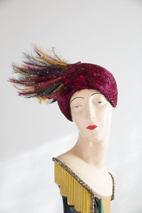 Exquisite 1960’s Jack McConnell Feather Evening Hat - Red Feather Label