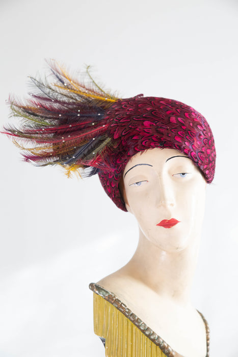 Exquisite 1960’s Jack McConnell Feather Evening Hat - Red Feather Label