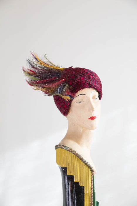 Exquisite 1960’s Jack McConnell Feather Evening Hat - Red Feather Label