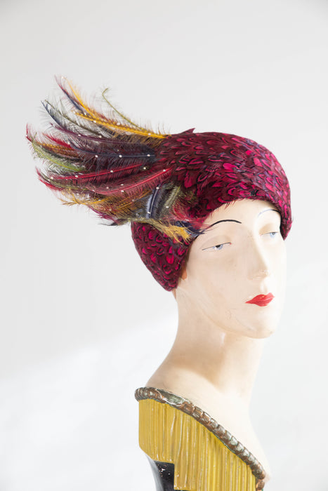 Exquisite 1960’s Jack McConnell Feather Evening Hat - Red Feather Label