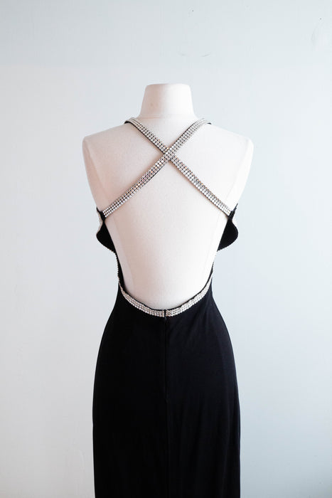 SEXY Vintage Lillie Rubin Black Evening Gown With Rhinestone Trim / Medium