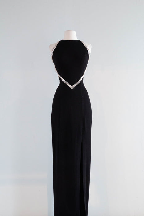 SEXY Vintage Lillie Rubin Black Evening Gown With Rhinestone Trim / Medium