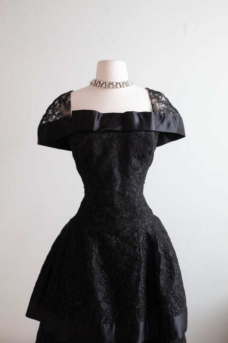 Dramatic 1950's Black Lace Couture Cocktail Dress / M