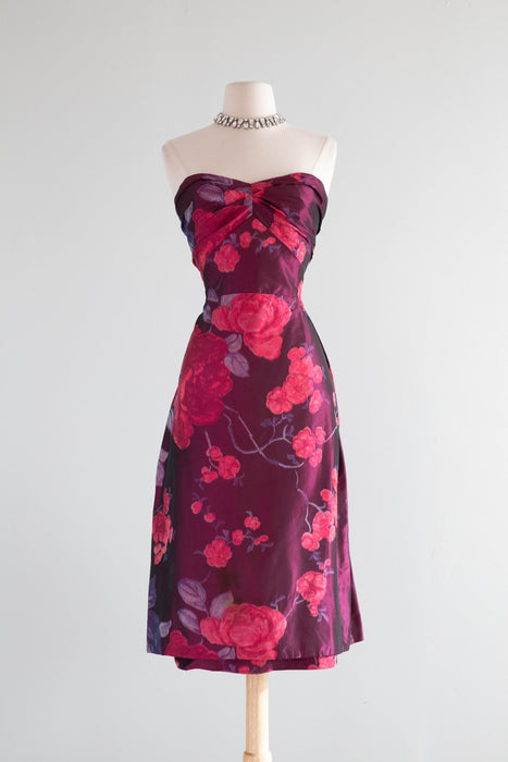 Exquisite 1950's Helen Rose Silk Party Dress In A Rose Print Taffeta / Medium