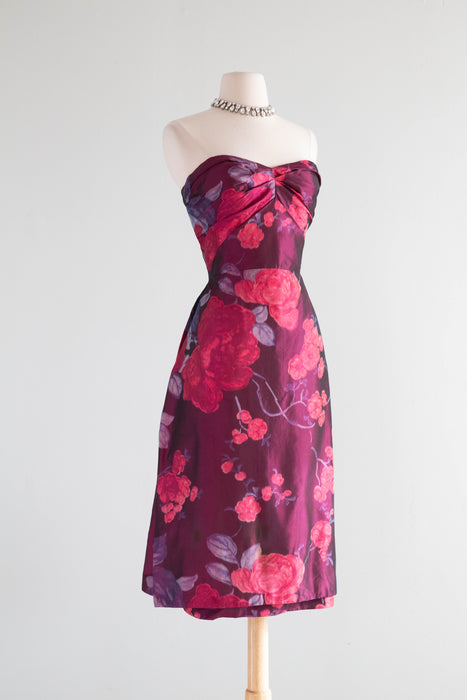 Exquisite 1950's Helen Rose Silk Party Dress In A Rose Print Taffeta / Medium