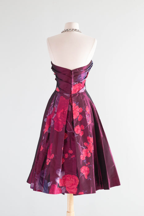 Exquisite 1950's Helen Rose Silk Party Dress In A Rose Print Taffeta / Medium