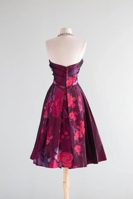 Exquisite 1950's Helen Rose Silk Party Dress In A Rose Print Taffeta / Medium